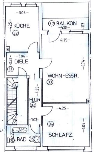 Grundriss 2. OG (heute Dusche statt Wanne) Mehrfamilienhaus Krefeld