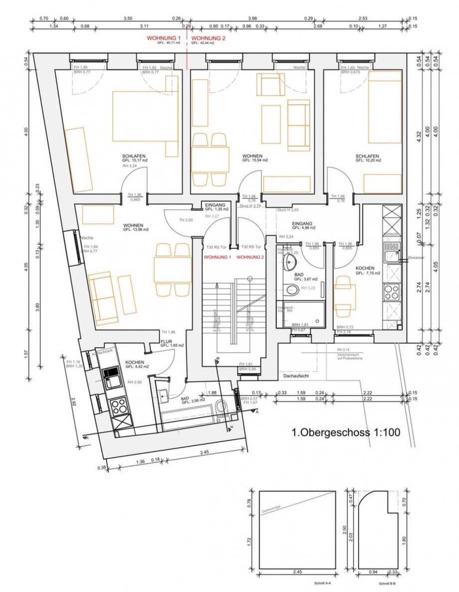 Grundriss 1. u 2. OG Mehrfamilienhaus Düsseldorf