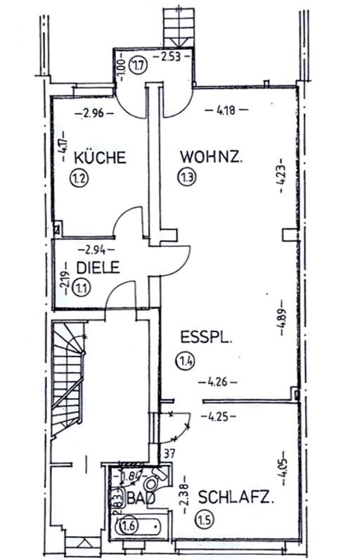 Grundriss EG (heute Dusche statt Wanne) Mehrfamilienhaus Krefeld